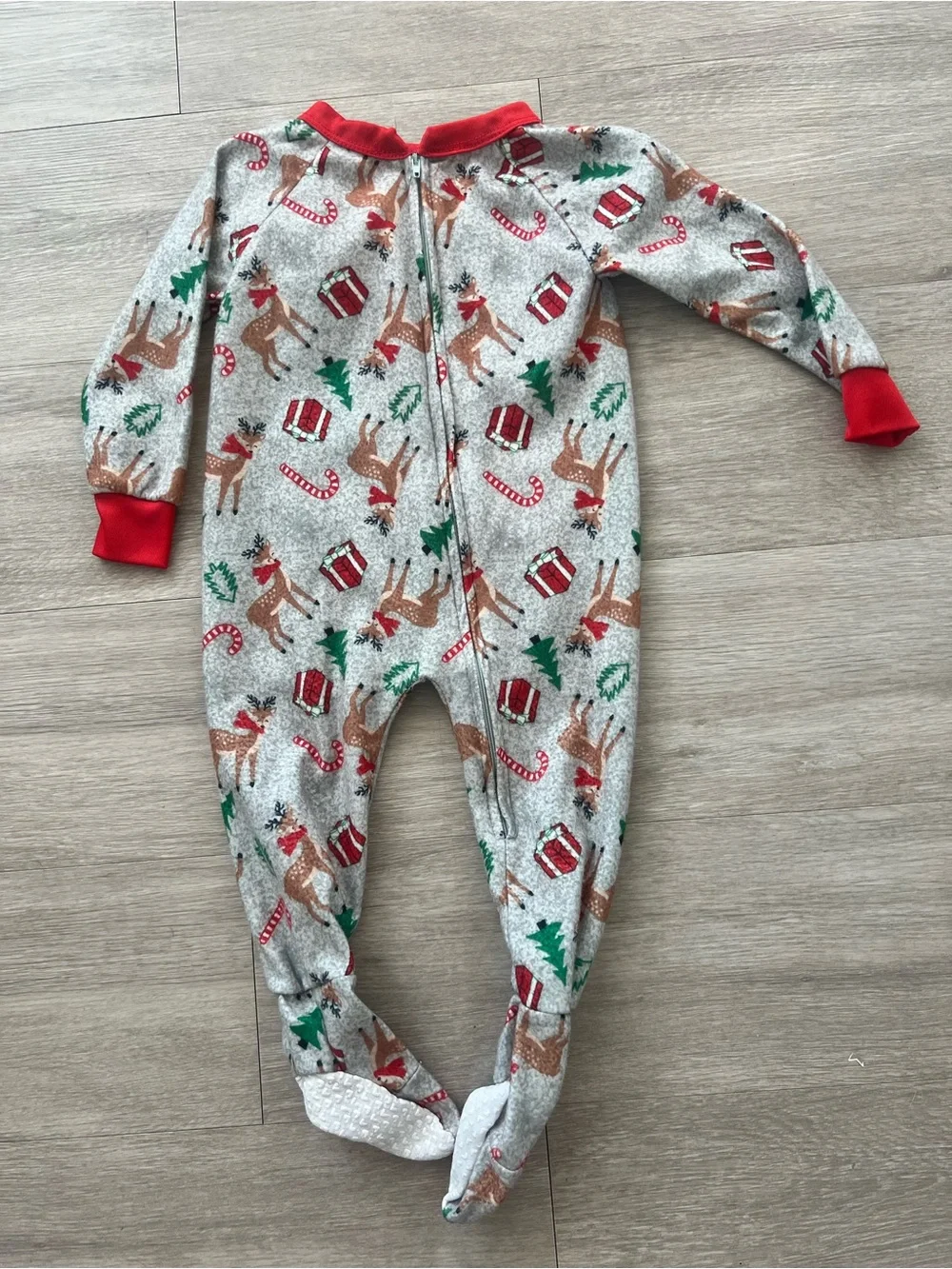 Cozy Red-Trim Reindeer Footed One-Piece Pajamas